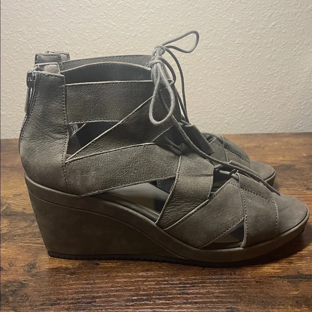Eileen Fisher Dibs Grey Suede Leather Lace Up Wedge Sandal
